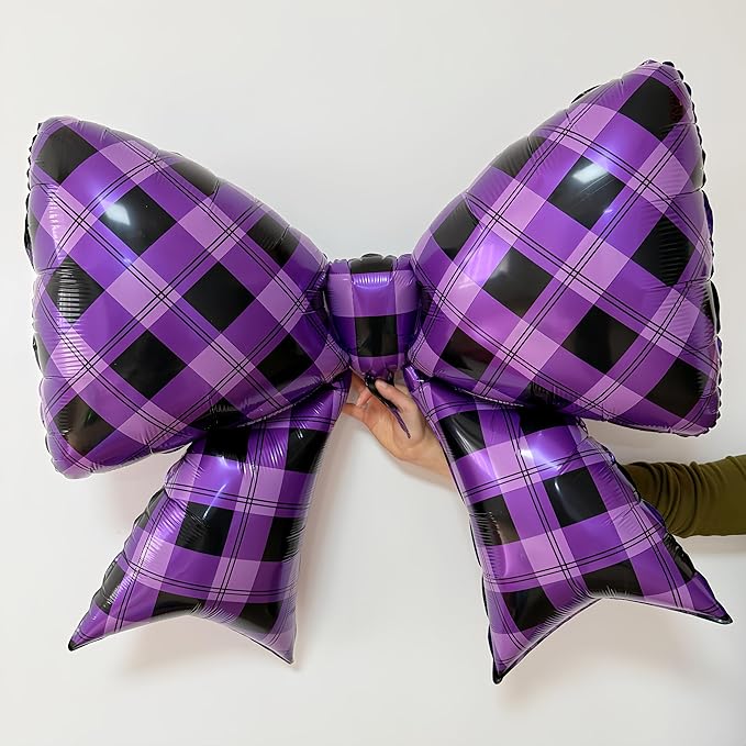 4Pcs Purple Black Gingham Bow Foil Balloons/Purple Plaid Checkered Bow Balloon for Korean Idol Demon Hunters Party, Bad Girl Showgirl Decor, Wednesday Ad*dam*s，Disco Cowgirl, Girls Night Out, Kurumi