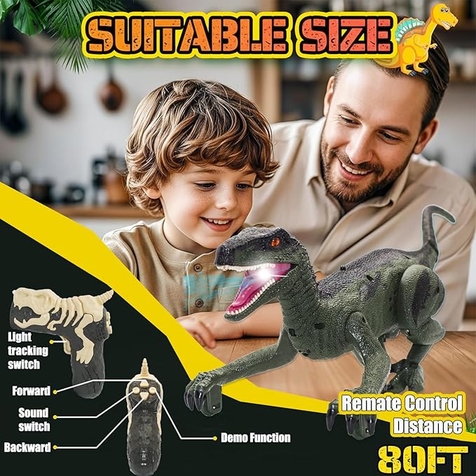 Remote Control Dinosaur, Dinosaur Toys for Kids 3-5, 5-7, 2.4GHZ, Walking,Rechargeable, 3D Eyes, 3 Sound Effects, Demo Function, Interactive Dino with Light Roar Spray (Large)