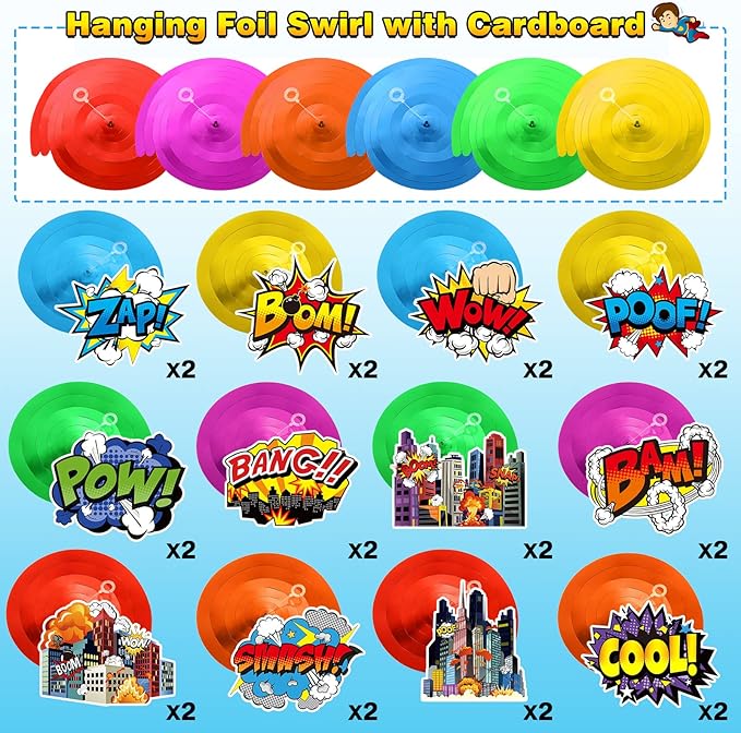 Sumind 54 Pcs Hero Themed Hanging Swirls Hero Action Sign Foil Ceiling Streams Party Banner Decoration for Kids Baby Shower Celebrating Events Birthday Party Supplies Room Wall Decor(Cute)