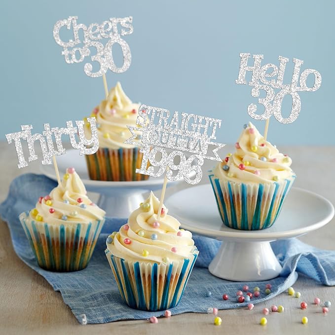 Ephlyn 24Pcs Happy 30th Birthday Cupcake Toppers Glitter Thirty Cupcake Picks Hello 30 Cheers to 30 Years Cake Decorations for 30th Birthday Anniversary Party Decorations Supplies Silver