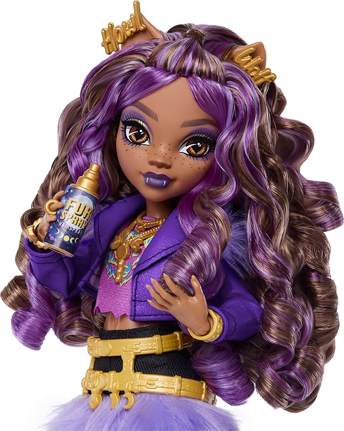 Monster High Doll, Clawdeen Wolf in Purple Moto Jacket and Furry Skirt with Pet Wolf Pup Crescent and 7 Accessories Like Book, Croissant and Purse