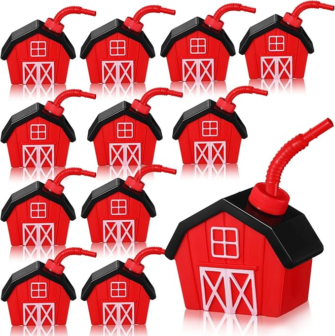 Tanlade 12 Pcs Farmhouse Cups with Lids and Straws, 10 oz Toy Farmhouse Cups for Farm Birthday Party, Barnyard Animals Party, Baby Shower Farm Animals Themed Party Decorations Supplies Favor (Red)