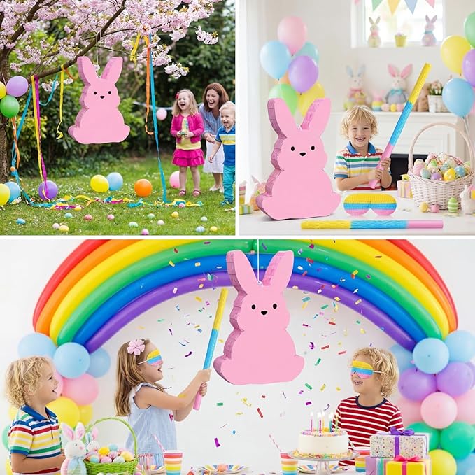 Easter Bunny Piñata with Blindfold, Bat and Filler, Funny Cute Bunny Party Favors for Cute Easter Egg Theme Adults Party Supplies Decoration