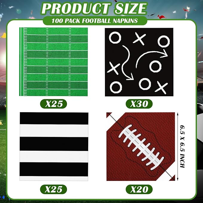 100 Pcs Football Napkins Football Party Decorations 4 Designs Sports Napkins Party Supplies for Sports Game Day Birthday Events Supplies Birthday Tailgate Decorations