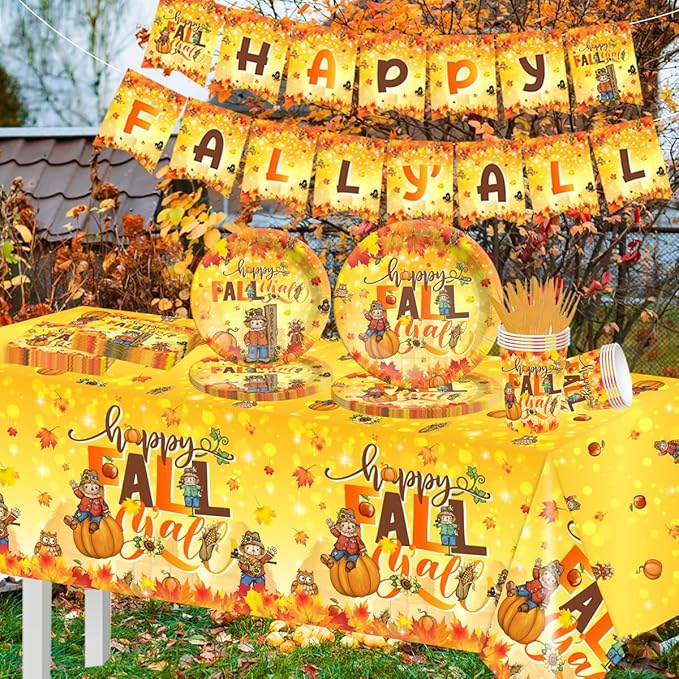 142Pcs Thanksgiving Plates and Napkins Set-Happy Fall Y'all Party Decoration Scarecrow Disposable Tableware Maple Leaves Pumpkin Harvest Thanksgiving Party Supplies