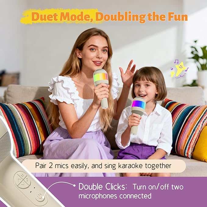 Karaoke Machine for Kids Adults, Portable Bluetooth Microphone Song Toys with LED Light, Best Chritmas Birthday Festival Party Gift for 3 4 5 6 7 8 9 10 11 12+ Year Old Girls Boys (Beige)