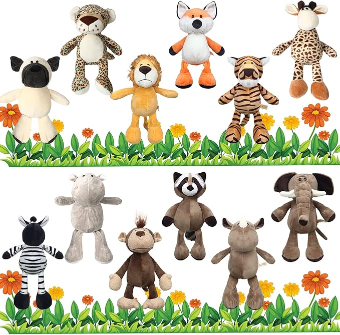 Zhanmai 12 Pcs Safari Stuffed Animals Bulk Gift 10-12 Inch Cute Soft Plush Jungle Animal Toys Set with Tiger Lion Elephant Monkey Shar Pei Giraffe Zebra for Zoo Birthday Party Supplies