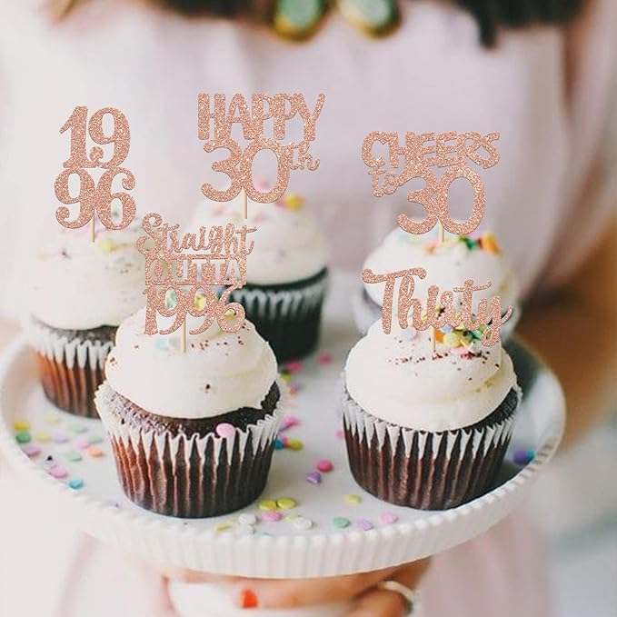 30PCS 30th Birthday Cupcake Toppers Glitter Thirty Happy 30 Straight Outta 1996 Cupcake Picks for Cheers to 30 Years 30th Birthday Wedding Anniversary Party Decoration Supplies Rose Gold