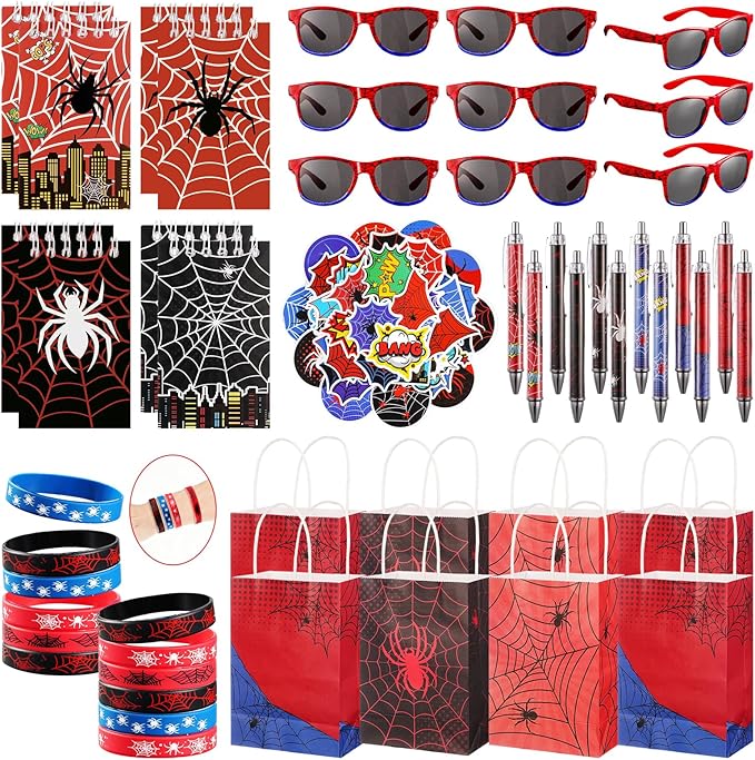 Vanblue 110Pcs Spider Party Favors Birthday Decorations Hero Theme Party Supplies,Spider Web Glasses,Gift Bags,Classroom Rewards Goodie Bag Stuffers,Piñata Fillers for Boys Movie Fans