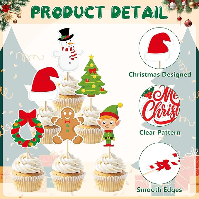 24 Pcs Christmas Cupcake Toppers, Xmas Cake Decorations Toothpicks with Santa Claus Snowman Bells Gingerbread Designs, Christmas Cake Topper Picks for New Year Holiday Party Decorations Supplies