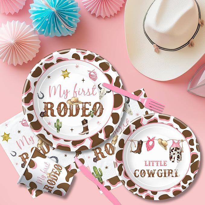 Western Cowgirl 1st Birthday Decorations Tableware, Wild West My First Rodeo Birthday Party Supplies Girl, Paper Plate, Cup, Napkin, Disposable Fork, Serves 24