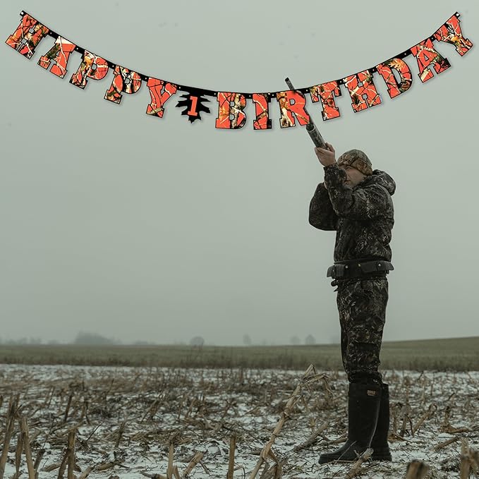 Havercamp Orange Next Camo "Happy Birthday" Party Banner | 1 Count | Great for Hunter Themed Party, Camouflage, Rustic, Nature, Military, Kids Birthday Party
