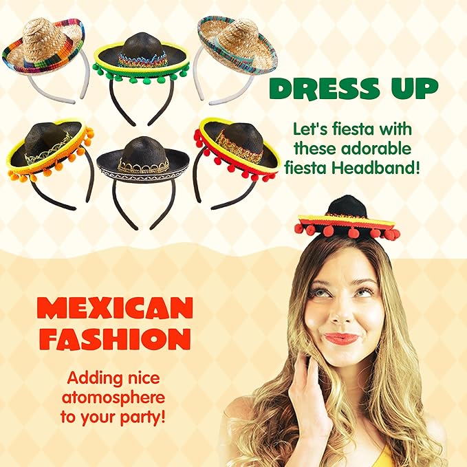 JOYIN 6 PCS Cinco De Mayo Fiesta Fabric and Straw Sombrero Headbands Party Costume for Fun Fiesta Hat Party Supplies, Luau Event Photo Props, Mexican Theme Decorations and Party Favors