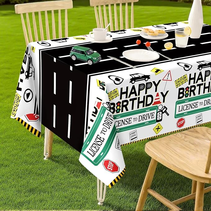 3Pcs Drivers License 16th Birthday Plastic Tablecloth 16th Car Theme Table Cover Waterproof New Driver Car Road 16th Table Cloth for Learner Driver 16 Years Old Party Decorations 54 x 108 Inch