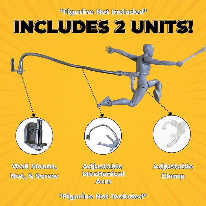 Action Figure Stand Wall Display | Flying Action Figure Display | Adjustable Metal Support Arm | Hidden Stand | Made for 6 Inch Marvel Legends | Clear | Show Off Your Flying Collectibles (2 Pack)