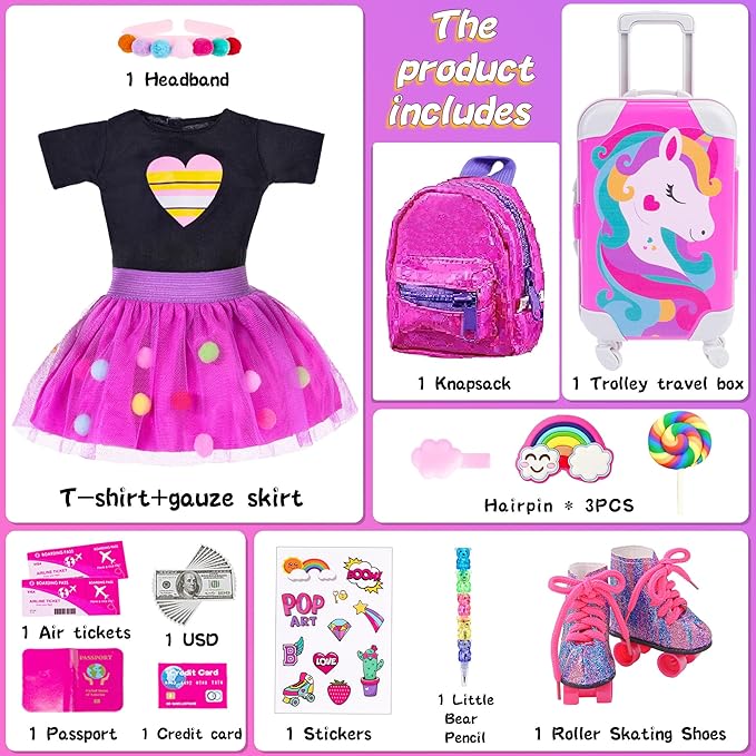 ebuddy 18 Inch Doll Clothes and Accessories Doll Travel Set with Suitcase Roller Skates School Supplies Playset Purple Unicorn Set Including Dress,Suitcase, Roller Skates,Hairpin,Hair Ring(No Doll)