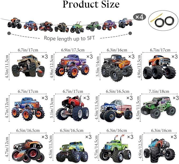 Monster Truck Happy Birthday Banner Truck Car Birthday Decorations Racing Theme Party Decorations Party Decoration Supplies Suitable for Boys Girls Baby Children Decoration