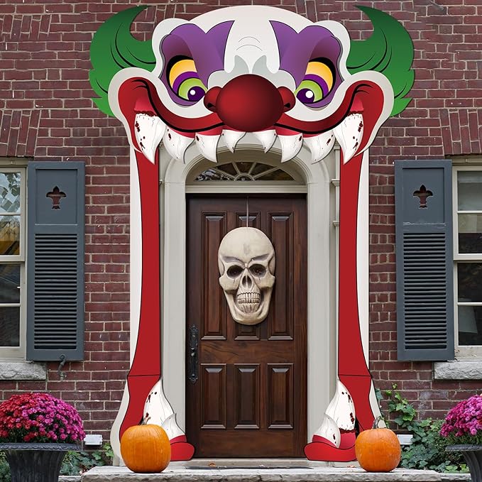 Halloween Clown Party Door Banner Creepy Clown Theme Door Hanging Decoration Horror Clown Scary Stand Up Background Banner for Carnival Halloween Party Photo Booth Props Favor Supplies