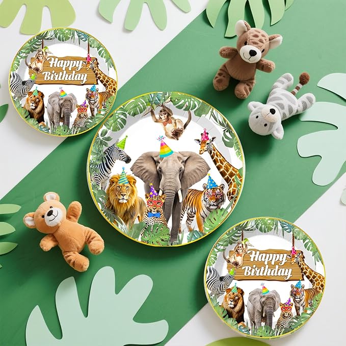 201pcs Safari Birthday Decorations Tableware Set, 25 Serves Safari Plates and Napkins for Party with 2pcs Tablecloth, Banner, Balloons for Jungle Birthday Party Decorations