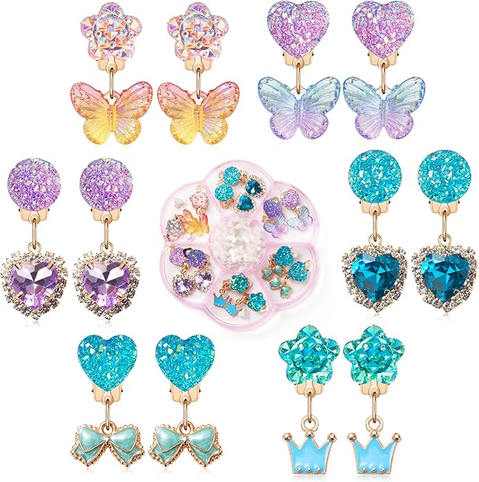 Clip on Earrings for Girls, 16Pcs Kids Clip on Earrings for Little Girls Dangle Stick on Earring Party Favor, Toddler Earring Princess Pretend Play Dress up Jewelry Gifts