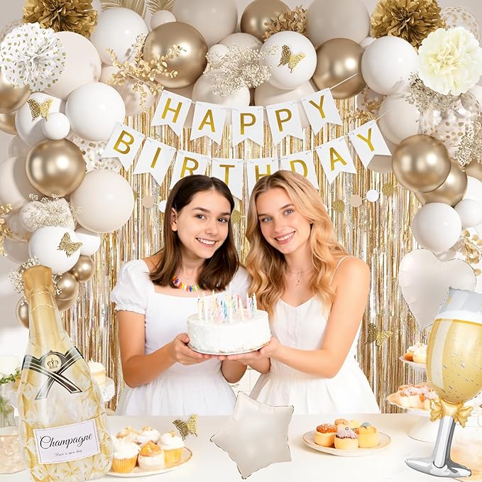 Ouddy Life White Gold Birthday Party Decorations Kit for Women Girls, Happy Birthday Banner, Sand White Metallic Gold Foil Confetti Balloons, Fringe Curtain, Cake Topper, Pompoms, Butterfly Supplies