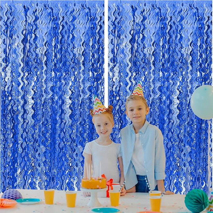 2 Pack Navy Blue Wavy Foil Fringe Curtains, 3.3x6.6 Ft Metallic Tinsel Wavy Backdrop Party Decorations Door Navy Blue Streamers for Birthday Wedding Engagement Decor,Party Supplies