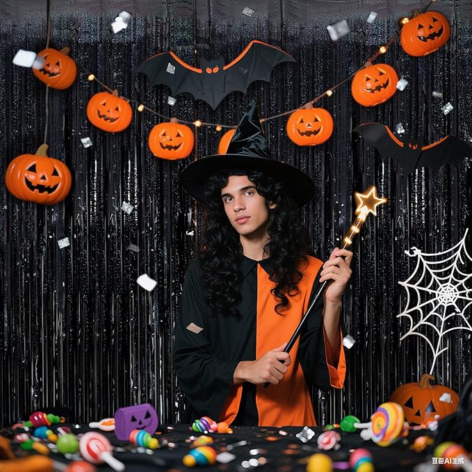 5 Pack Black Photo Backdrop Party Streamers Metallic Tinsel Curtains for Birthday Halloween Decor Bachelorette Wednesday Wizard Party