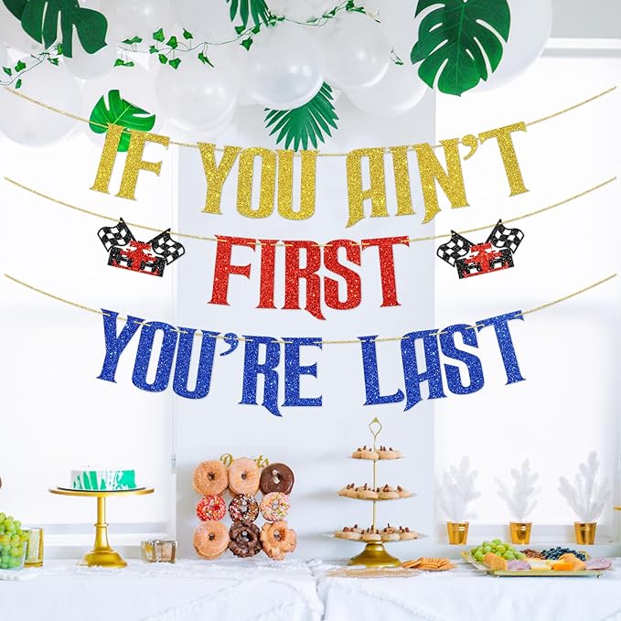 DUOMIMI If You Ain't First You're Last Banner Racing Theme Birthday Party Decorations for 1st Birthday Boy Checkered Flag Design Talladega Nights Party Supplies for Race Car Celebration Gold Red Blue Glitter