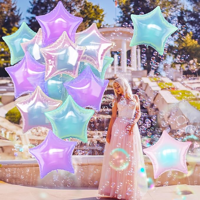 Iridescent Star Balloons, 9Pcs 18Inch Transparent Crystal Star Foil Balloon, Gradient Iridescent Pink Purple Green Pentagram Balloon for Princess Birthday Wedding Easter Party Decoration Mermaid Theme