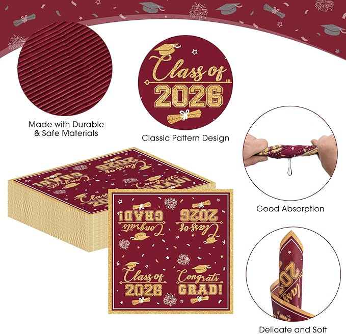 50 Pcs Graduation Napkins Class of 2026 - Maroon Gold Congrats Grad Napkins Set, 3-Ply Disposable Graduation Luncheon Dinner Party Paper Napkins for Grad Party Supplies Table Decoration