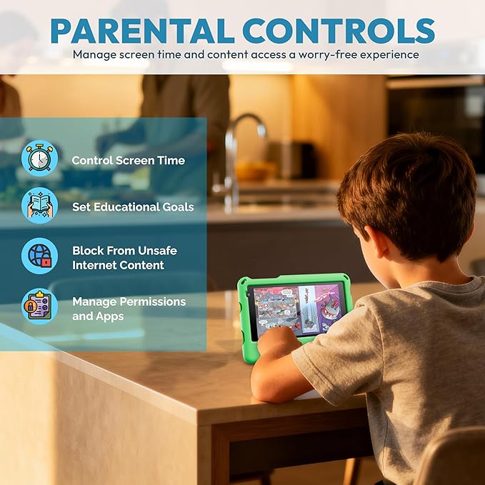 Contixo A7 Kids Tablet with 14 Apps, Lingokids & Epic, 7" HD Screen, Android 15, Parental Controls, WiFi, 3+32GB Storage, al Tablet for Kids Ages 3-12, Boys & Girls Gift, Green