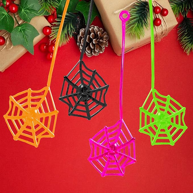 Glow Fever 24Pcs Sticky Spider Web Party Favors Pack, 7.5 inches in Total Length, Halloween Party Favors, Gifts For Birthday, Goodie Bag Classroom Prizes, 4 colors