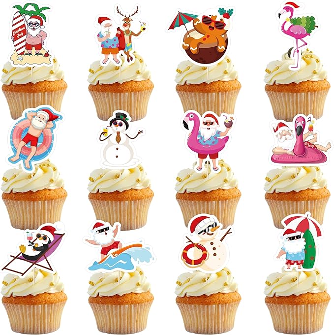 24Pcs Summer Christmas Cupcake Toppers, Santa Beach Cupcake Toppers for Xmas in July Decorations, Paper Summer July Christmas Cake Picks Flamingo Cake Topper Beach Pool Party Theme