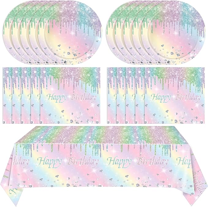 41Pcs Pastel Birthday Decorations Pastel Rainbow Tableware Set Disposable Paper Plates,Napkins,Tablecloth丨Rainbow Birthday Decorations for Girls,Baby Shower,Bridal Wedding Party Supplies,Serve 20