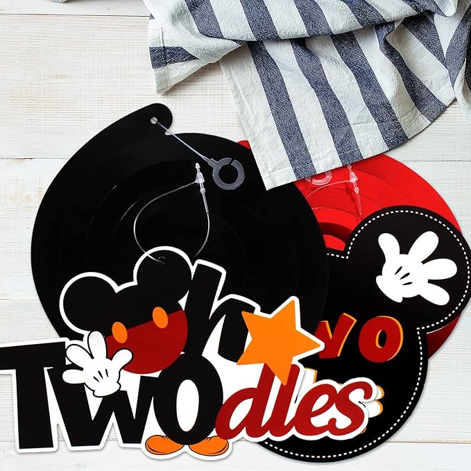 LINGTEER Oh Twodles Birthday Swirls Streamers - Cheers to Boys 2nd Birthday Kids Two Years Old Mouse Theme Party Hanging Decorations.