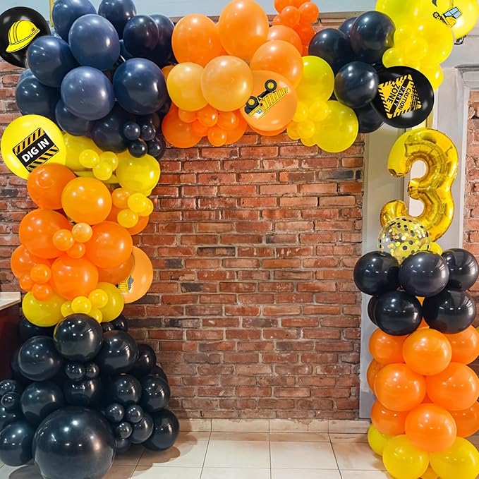 Construction Balloons, 12 Inch Black Yellow Orange Truck Printed Confetti Excavator Balloons for Boy Construction Birthday Party Supplies Excavator Baby Shower Truck Themed Party Decoration Backdrop