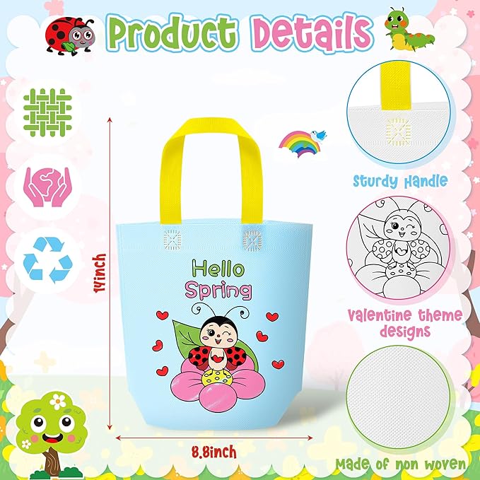 Hello Spring Coloring Goodie Bags for Kids - 24Pcs Welcome Spring Bulk Color Your Own Gift Bags with Handle SpringTime Reusable Coloring Bag Non Woven Tote Bag for DIY Crafts Painting Party Favor Supplies
