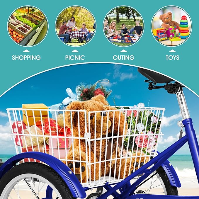 MOPHOTO 16 Inch Small Tricycle for Beginner Riders, Low Step-Through 3 Wheel Bike, Single Speed Trike with Hand Brakes, Adjustable Seat and Rear Basket, Fits Heights 3'9" to 4'9"
