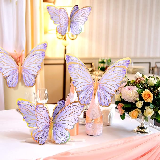 Geyee 10 Pcs Large Butterfly Centerpieces for Tables Butterfly Party Decorations 3D Paper Table Toppers Centerpieces Wall Decor for Birthday Baby Shower Wedding Party Supplies(Purple)
