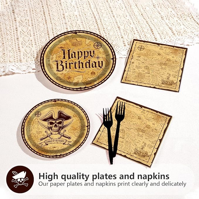 Grencian 96Pcs Pirate Birthday Decorations Vintage Pirate Party Plates and Napkins Disposable Paper Tableware Set for Baby Shower Men Treasure Map Theme Birthday Party Supplies, Serves 24