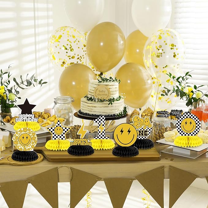 Outus 9 Pcs One Happy Dude Birthday Decoration One Happy Dude Honeycomb Centerpiece 1st Cool Birthday Table Decorations Smile Face Table Toppers Centerpieces for Baby Shower Party Supplies Decor