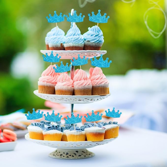 Ephlyn 24Pcs Crown Cupcake Toppers Glitter Queen Crown Cupcake Picks for Queen Princess Theme Baby Shower Girls Wedding Birthday Party Cake Decorations Supplies Blue