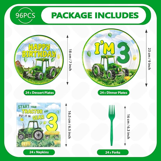 Grencian 96Pcs Tractor Birthday Party Decorations Tractor 3rd Birthday Party Plates Disposable Green Tractors Paper Tableware Set for Kids Boys 3 Years Old Supplies Serves 24