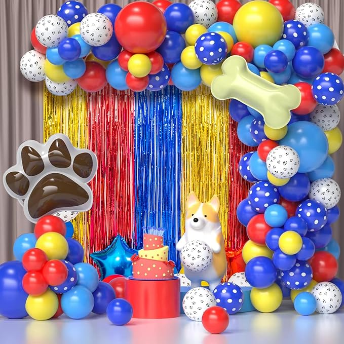 Paw Birthday Decorations, including 2Pack Gold Red Blue Tinsel Foil Fringe Curtains 3.3 x 6.6ft, 1Pack Dog Patrol Themed Birthday Banner & 22pcs Balloons for Paw Birthday Party Photo Props Backdrop