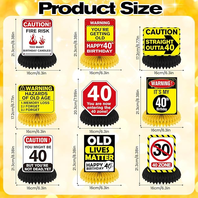 Funny 40th Birthday Decorations 9Pcs 40th Birthday Honeycomb Centerpieces for Adults 40 Years Old Party Decor, Cheers to 40 Years Party Banner Table Topper Caution Logos Sign for Men Women