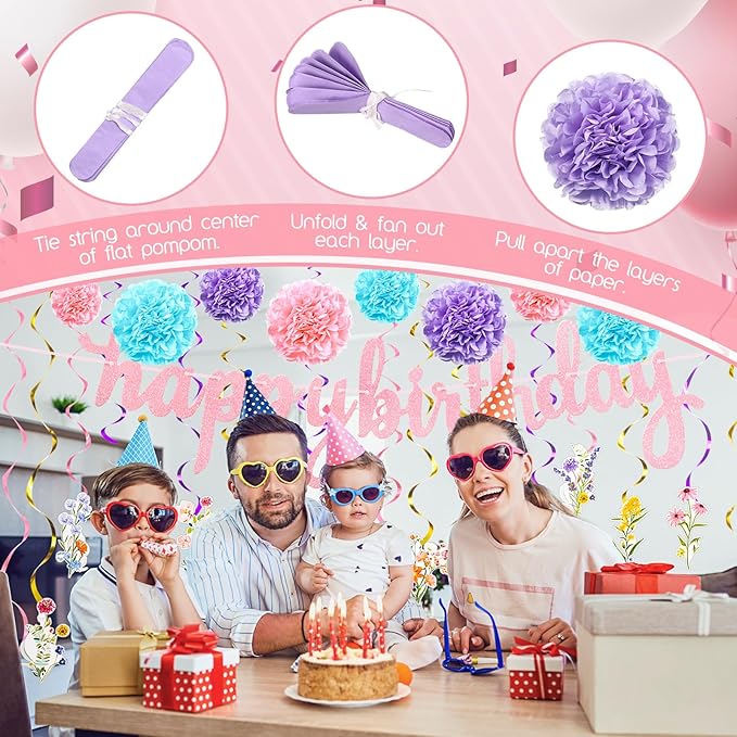 28 Pcs Wildflower Birthday Party Decorations Floral Hanging Swirls Glitter Birthday Banner Honeycomb Balls for Women Flower Themed Birthday Baby Shower Wedding Party Supplies