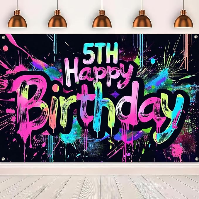 Neon 5th Happy Birthday Banner 71x43 Inch Paint Splatter Glow in The Dark Party Backdrop Colorful Wall Decor for Kids Boys Girls Fifth Birthday Celebrations Booth Props and Event Supplies