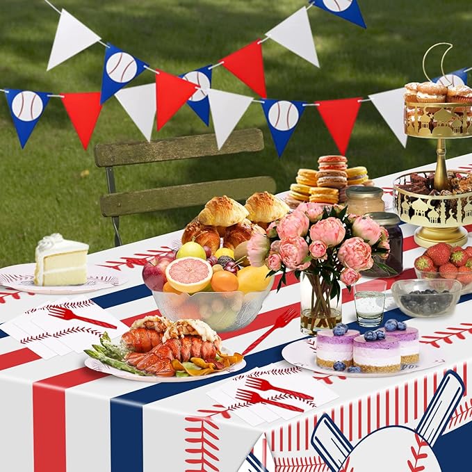 Baseball Party Decorations, Baseball Birthday Decorations Supplies Include Baseball Tablecloth Paper, Plates, Napkins, Forks, Baseball Party Supplies Dinnerware for Serve 24 Guests Kids Party Favors