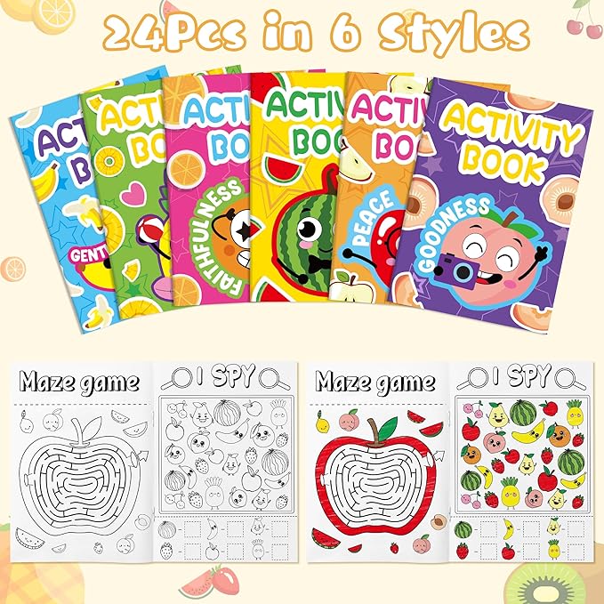 24Pcs Religious Fruit Activity Books for Kids - Mini Fun Games Coloring Book Bulk Party Favors Goodie Bags Stuffers for Birthday Classroom School Students Rewards Supplies