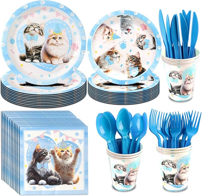 141Pcs Cat Birthday Decorations, Cat Birthday Party Supplies, Cat Birthday Party Decorations Include Plates Cups Napkins Tablecloth Balloons Cake Toppers for Kids Party